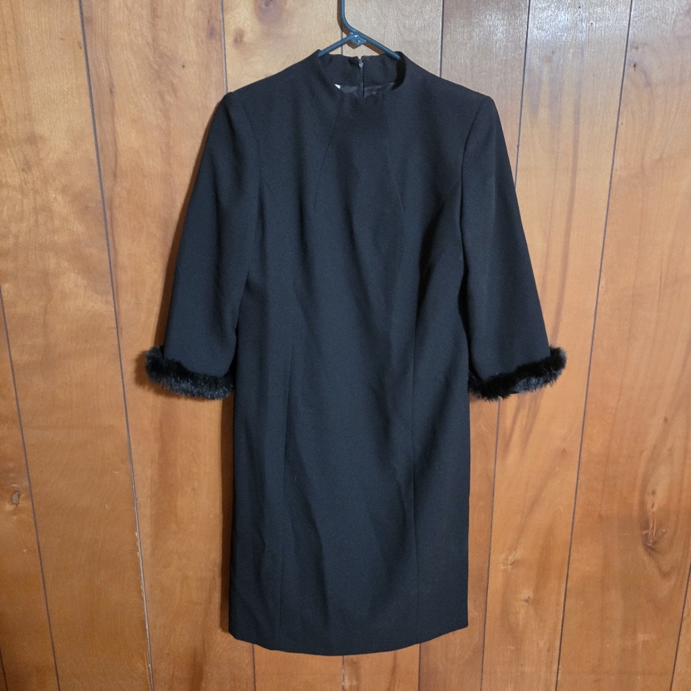 Vintage 1990s Yves Cossette DEPECHE MODE Black Faux Fur Cuffs Midi Dress Size 8
